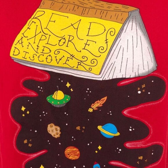 Reading T Shirt Mens Size Small Red Read Explore Discover Space Exploration - Picture 3 of 6